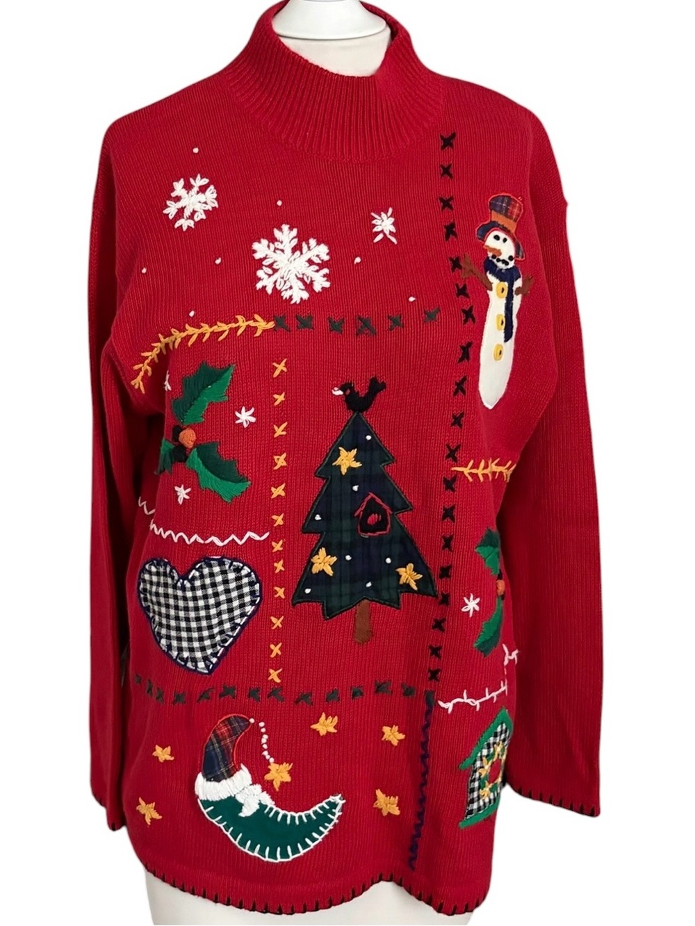 Vtg Victoria Jones Women’s Red Festive Patchwork Christmas Sweater Sz L